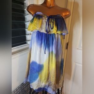 Vtg Betsey Johnson black label silk strapless blue and yellow dress Size 6